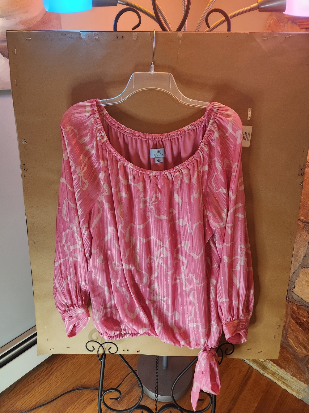 XL Cece Pink Abstract Print Peasant Blouse with Tie Hem